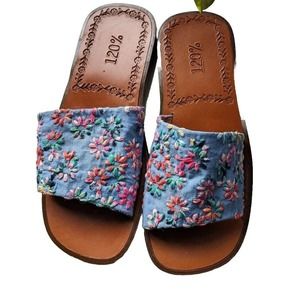 120% Lino Slides Sandals Cotton Embroidered Leather Made In Italy Sz 7